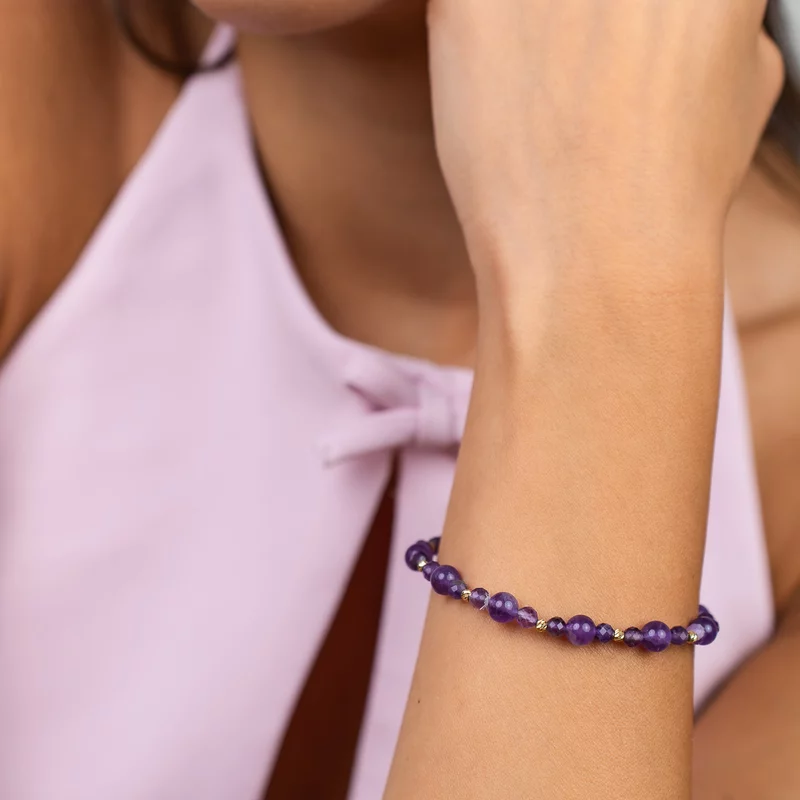 Bratara Eleganta din Ametist si Bilute din Aur 14K - Snur elastic picture - 2