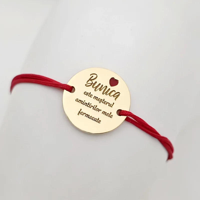 Bratara festiva - Bunica mesterul amintirilor - Banut gravat si simbol inima cu email - Argint 925 placat cu Aur Galben 18K - Snur reglabil picture - 2