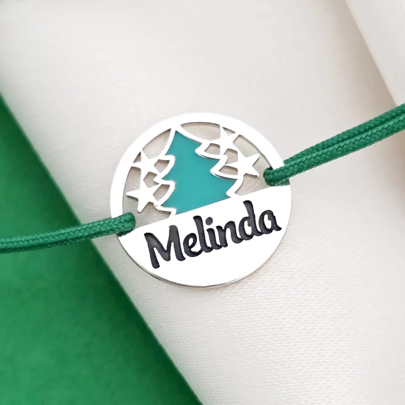 Bratara festiva - Disc cu bradulet colorat si nume personalizat - Argint 925 - Snur reglabil picture - 1
