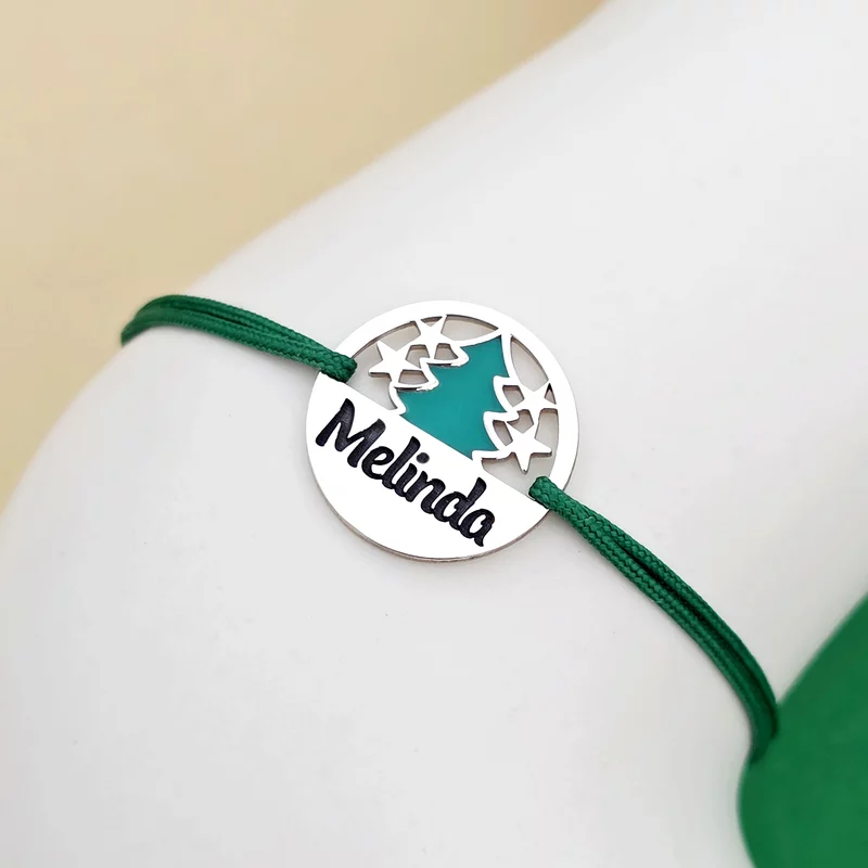 Bratara festiva - Disc cu bradulet colorat si nume personalizat - Argint 925 - Snur reglabil picture - 3