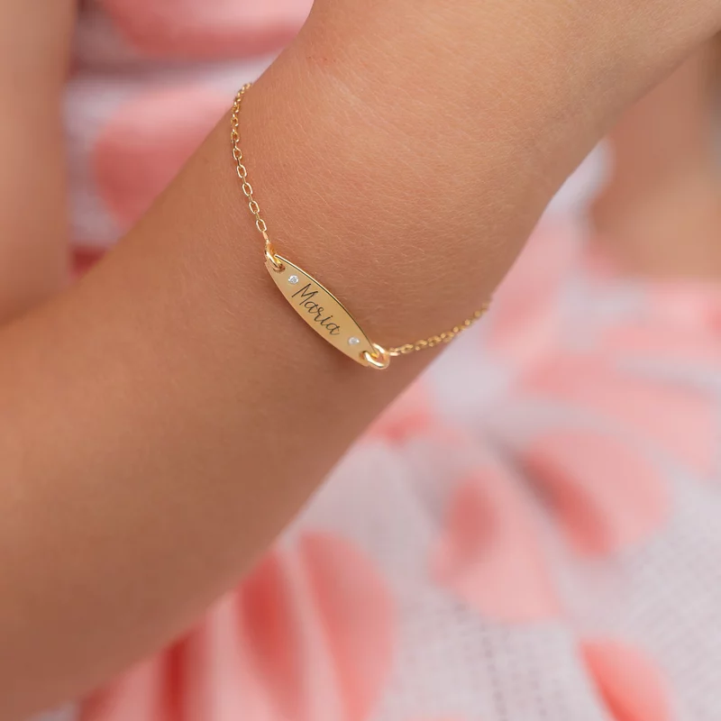 Bratara Fior al Identitatii - Model Placuta cu nume, 2 Diamante naturale si lant zale - Argint 925 placat cu Aur Galben 18K picture - 2