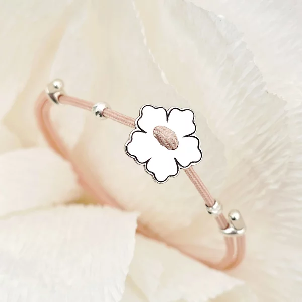 Brățara Floare cu 5 petale - Șnur roz Gros si 2 bilute - Argint 925