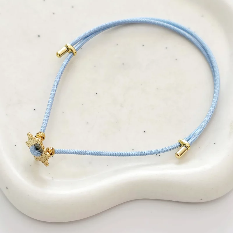 Brățara Fulg de nea - Șnur blue Gros si 2 bilute de 3 mm - Argint 925 placat cu Aur Galben 18K picture - 2