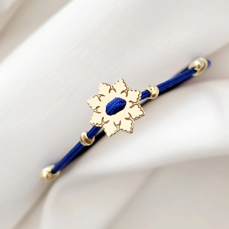 Brățara Fulg de zapada - Șnur albastru Gros si 2 bilute de 3 mm - Argint 925 placat cu Aur Galben 18K picture - 1