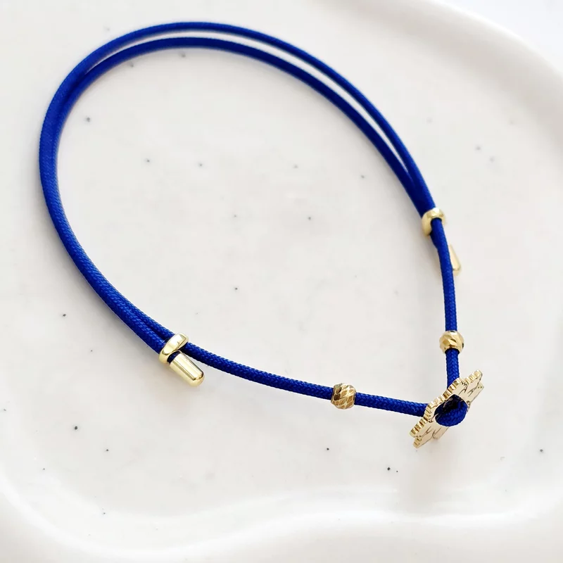 Brățara Fulg de zapada - Șnur albastru Gros si 2 bilute de 3 mm - Argint 925 placat cu Aur Galben 18K picture - 2