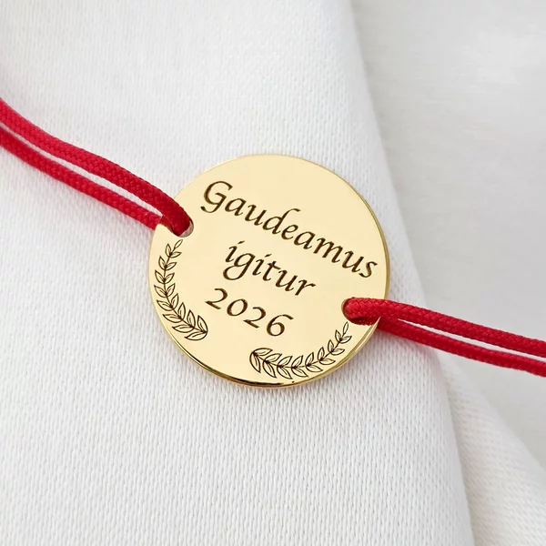 Bratara Graduation - Gaudeamus igitur - Banut 15 mm si snur reglabil - Argint placat cu Aur Galben 18K