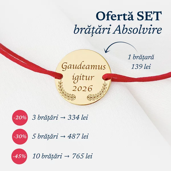 Bratara Graduation - Gaudeamus igitur - Banut 15 mm si snur reglabil - Argint placat cu Aur Galben 18K
