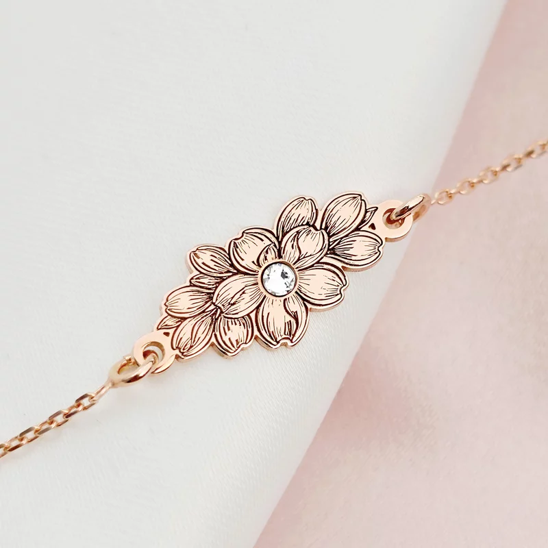 Bratara IMPREUNA - Floare sakura cu cristal Swarovski & lantisor - Argint 925 placat cu Aur Roz 18K picture - 2