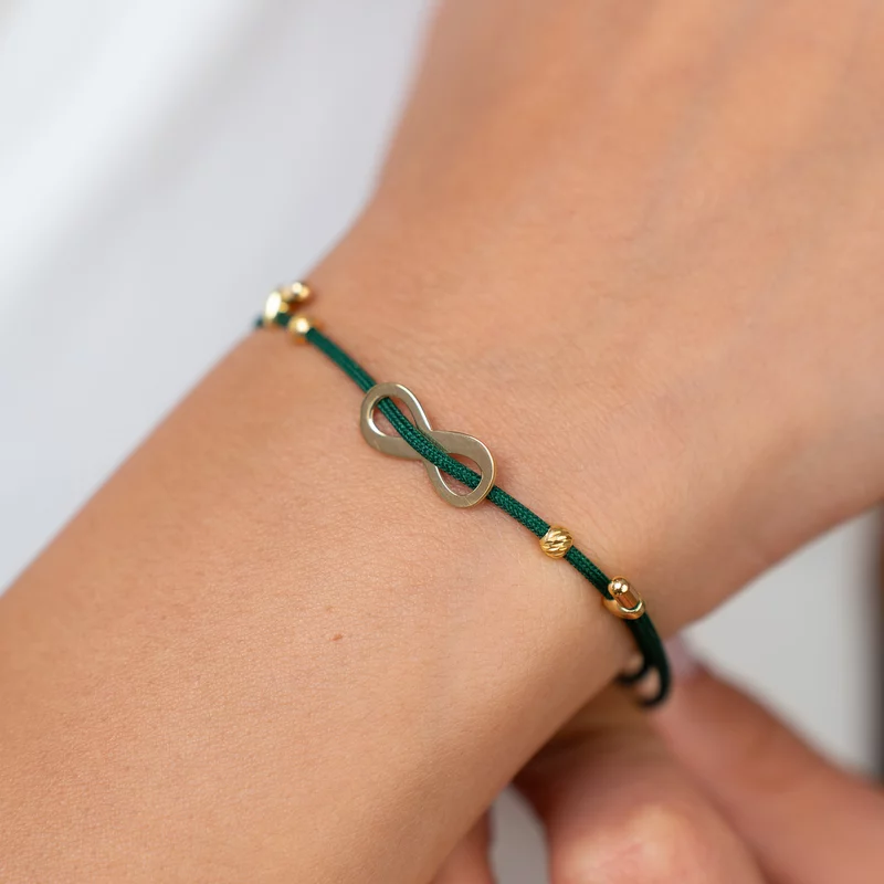 Brățara Infinitul Meu - Șnur verde Gros si 2 bilute de 3 mm - Argint 925 placat cu Aur Galben 18K picture - 2