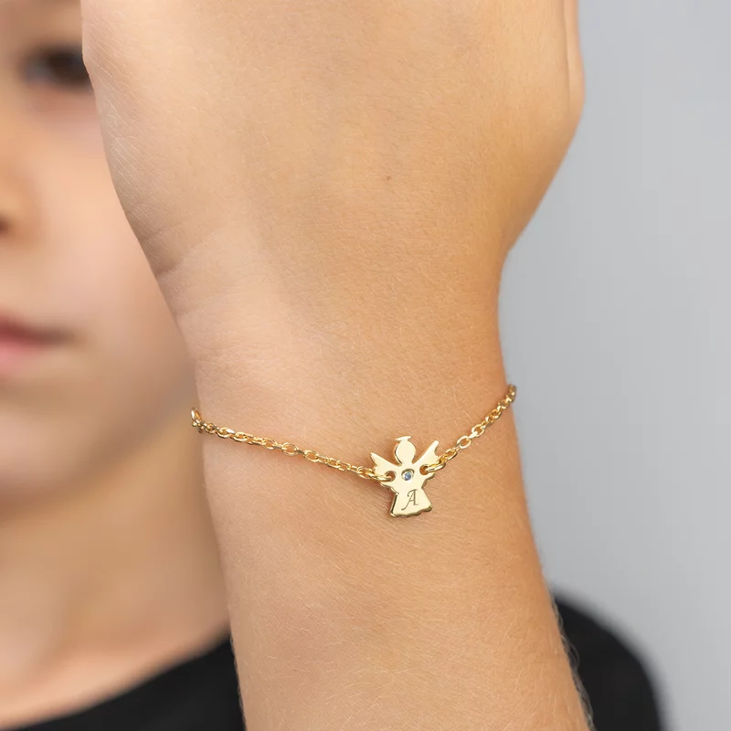 Bratara ingeras - personalizat cu initiala si Piatra pretioasa - Argint 925 placat cu Aur Galben 18K - Cu lantisor fata/baiat picture - 2