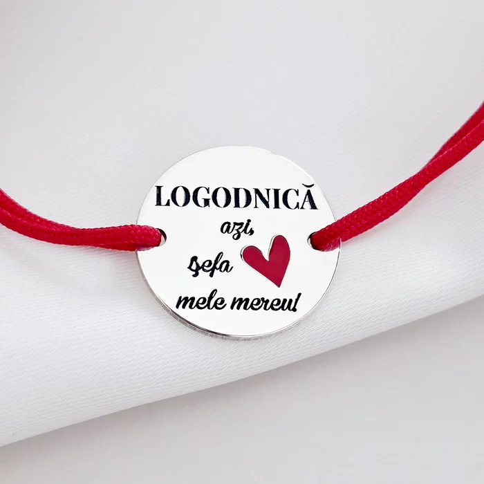 Bratara logodnica azi, sefa inimii mele mereu - Argint 925 si email rosu - Snur reglabil