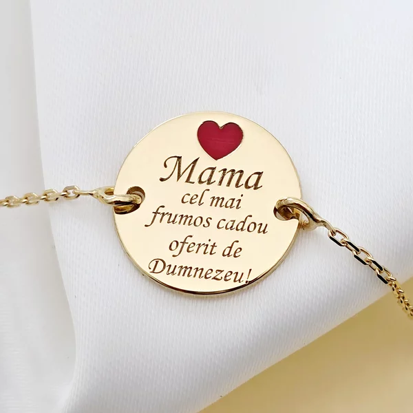 Bratara Mama, cadou de la Dumnezeu - Argint 925 placat cu Aur Galben 18K si inima cu email rosu - cu lantisor
