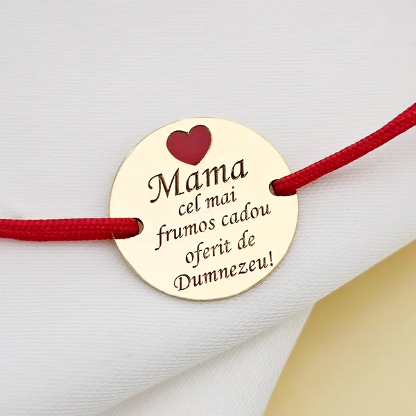 Bratara Mama, cadou de la Dumnezeu - Argint 925 placat cu Aur Galben 18K si inima cu email rosu - Snur reglabil, diverse culori