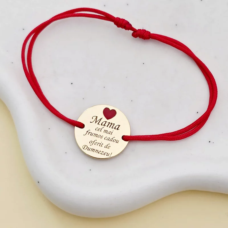 Bratara Mama, cadou de la Dumnezeu - Argint 925 placat cu Aur Galben 18K si inima cu email rosu - Snur reglabil, diverse culori picture - 2