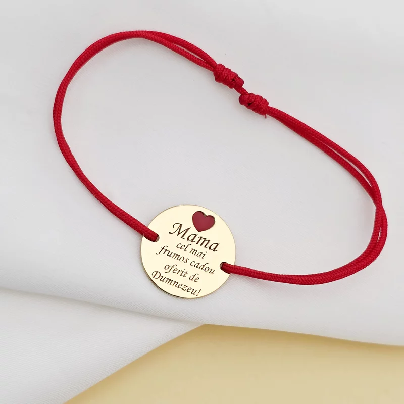 Bratara Mama, cadou de la Dumnezeu - Argint 925 placat cu Aur Galben 18K si inima cu email rosu - Snur reglabil, diverse culori picture - 3
