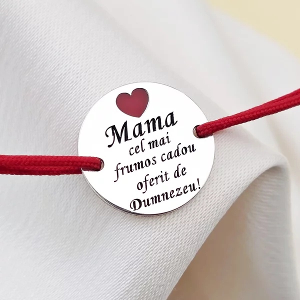 Bratara Mama, cadou de la Dumnezeu - Argint 925 si inima cu email rosu - Snur reglabil, diverse culori