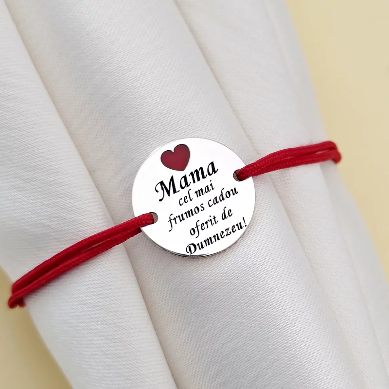 Bratara Mama, cadou de la Dumnezeu - Argint 925 si inima cu email rosu - Snur reglabil, diverse culori picture - 2