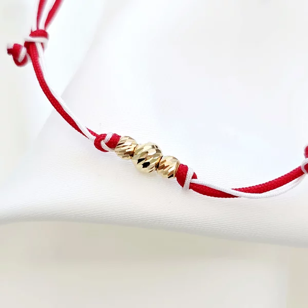 Bratara Martisor - 2 Bilute de 3 mm si 1 de 4 mm din Aur 14K - Snur combinat rosu&alb