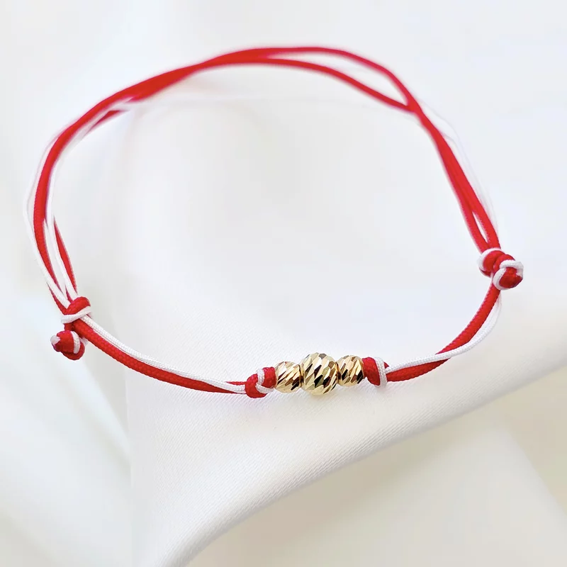Bratara Martisor - 2 Bilute de 3 mm si 1 de 4 mm din Aur 14K - Snur combinat rosu&alb picture - 2