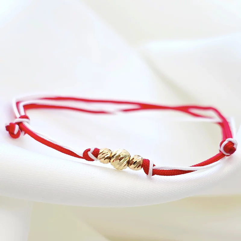 Bratara Martisor - 2 Bilute de 3 mm si 1 de 4 mm din Aur 14K - Snur combinat rosu&alb picture - 3
