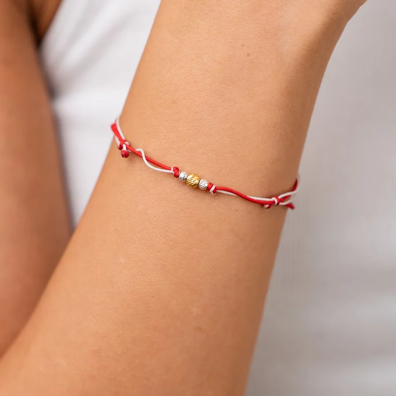 Bratara Martisor - 3 Bilute Simetrie - Argint 925 - Snur combinat Rosu&Alb picture - 2