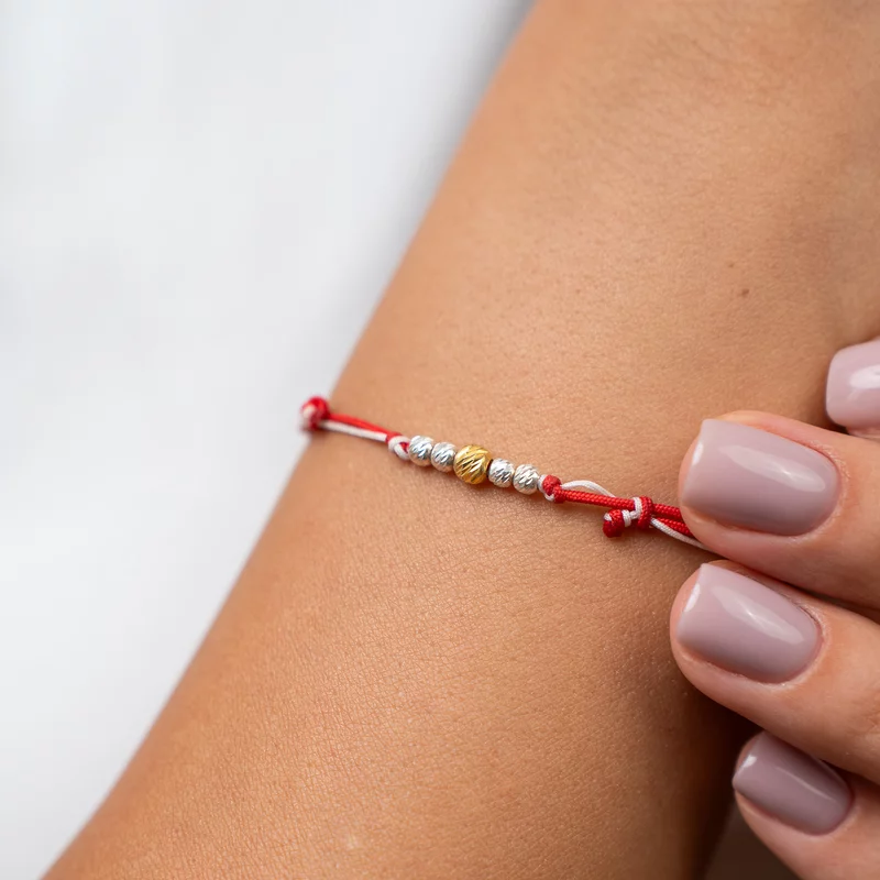 Bratara Martisor - 5 Bilute Simetrie - Argint 925 - Snur combinat Rosu&Alb picture - 2