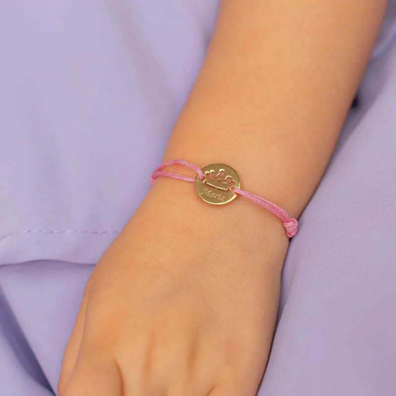 Bratara Mica printesa - Banut 12 mm personalizat cu nume - Aur Galben 9K - Snur reglabil, diverse culori picture - 2