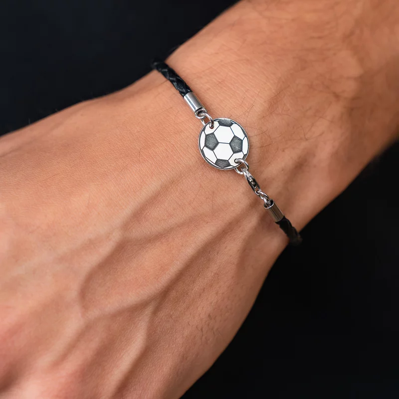 Bratara minge de fotbal - Argint 925 - piele impletita picture - 2