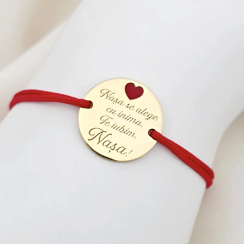 Bratara Nasa mea - Argint 925 placat cu Aur Galben 18K - Inimioara cu email rosu - Snur reglabil, diverse culori picture - 2