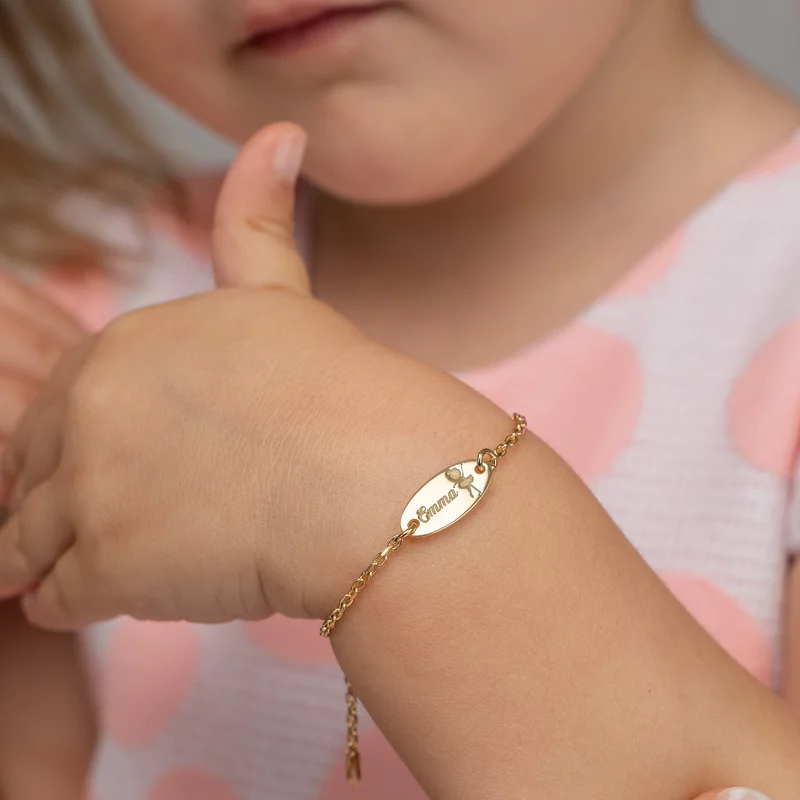 Bratara oval simbol balerina - Nume personalizat - Argint 925 placat cu Aur Galben 18K - Cu lantisor fata/baiat picture - 2