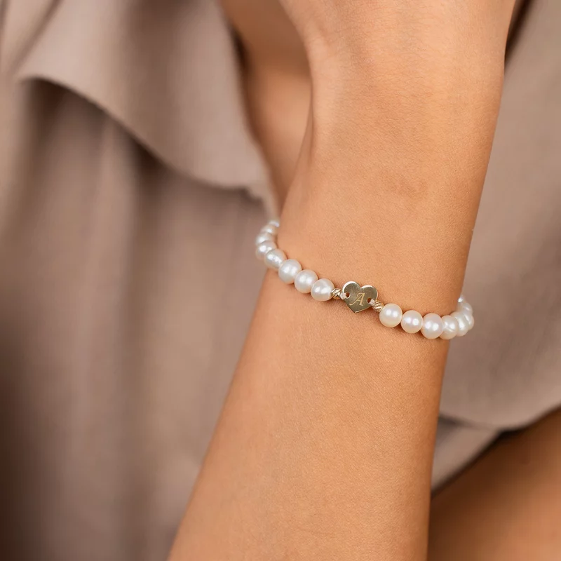 Bratara Perle - Inima personalizata din Aur Galben 14K - Model cu sirag perlat si snur reglabil picture - 2