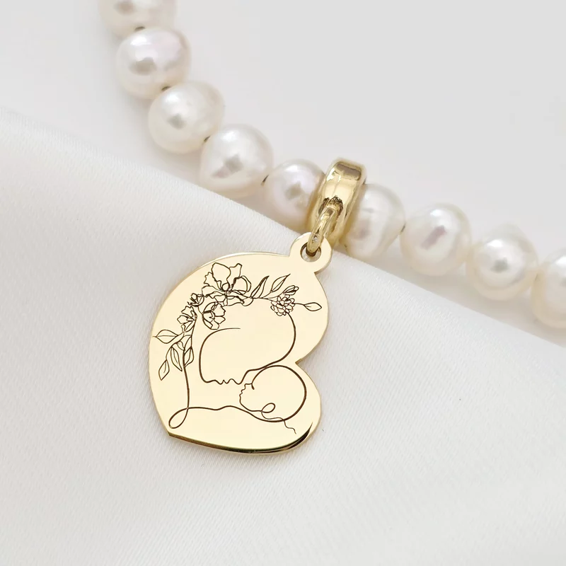 Bratara Perlele Iubirii Materne - Model cu lant zale dreptunghiulare, charm inima si perle - Argint 925 placat cu Aur galben 18K picture - 3