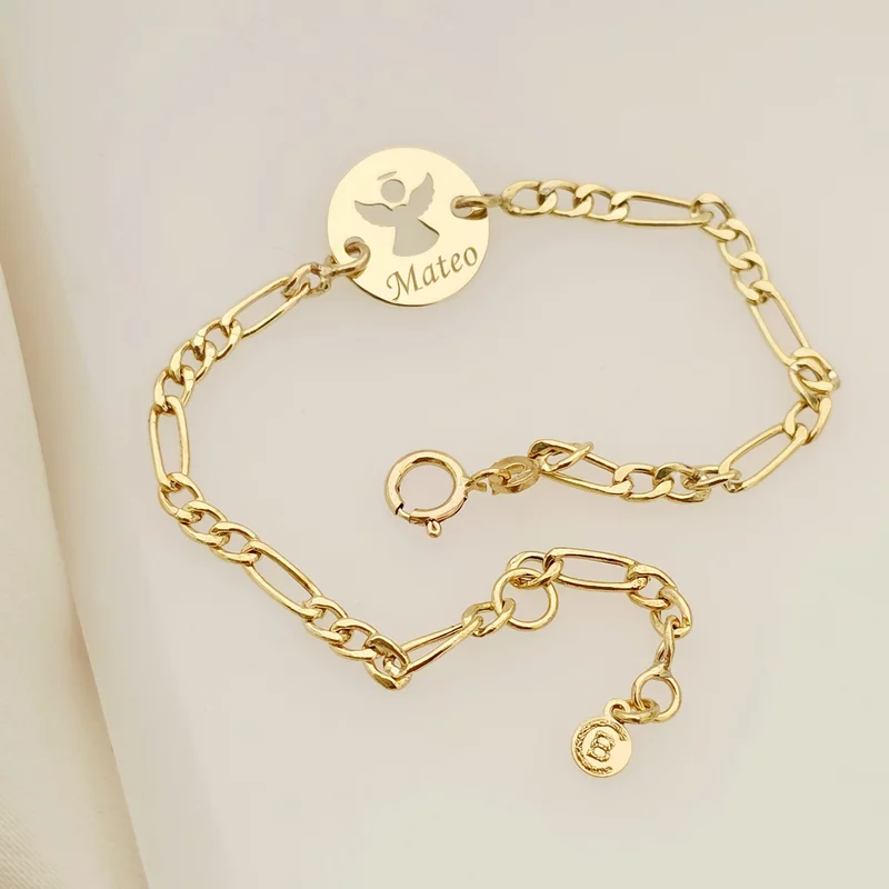 Bratara personalizata - Banut 10 mm - Inger pazitor decupat cu aripi deschise - Aur Galben 14 K -  Cu lantisor fata/baiat picture - 2