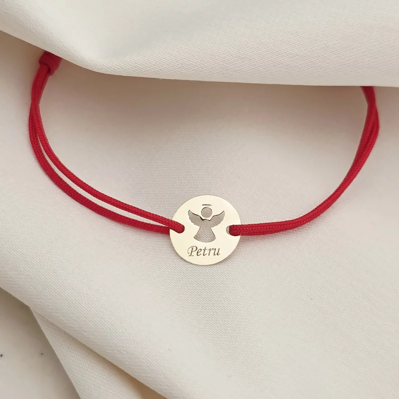 Bratara personalizata - Banut 10 mm - Inger pazitor decupat cu aripi deschise - Aur Galben 14 K - Snur reglabil picture - 3