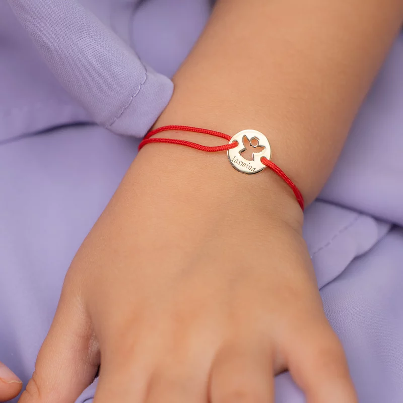 Bratara personalizata - Banut 10 mm - Inger pazitor decupat cu aripi deschise - Aur Galben 9K - Snur reglabil picture - 2