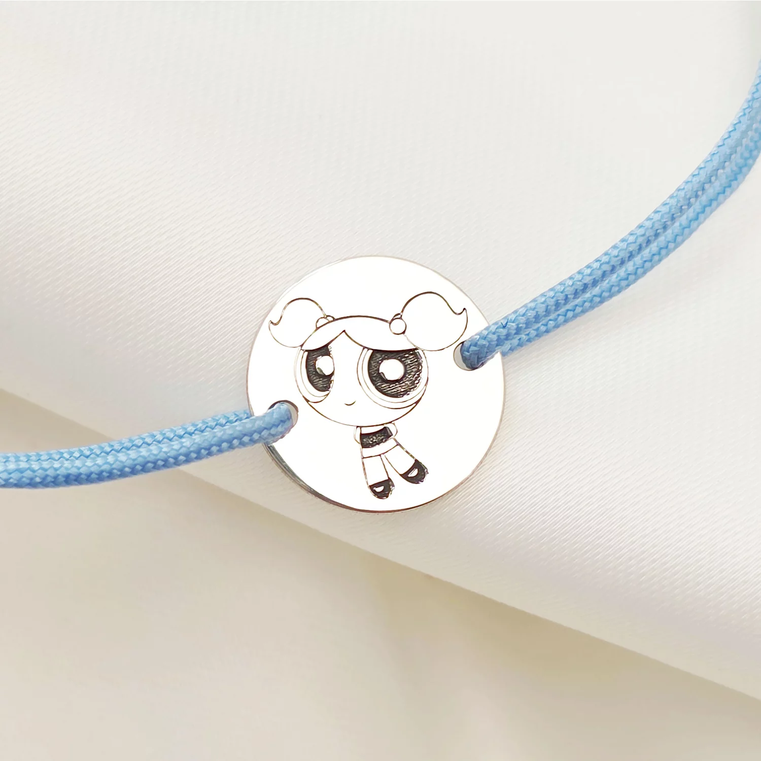 Bratara personalizata - Banut 12mm - Bubbles - Fetitele Powerpuff - Argint 925 - snur reglabil albastru