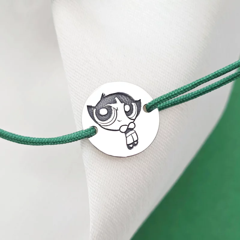 Bratara personalizata - Banut 12mm - Buttercup - Fetitele Powerpuff - Argint 925 - snur reglabil verde