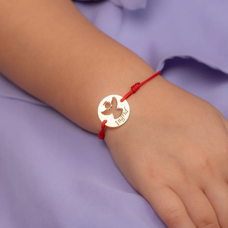 Bratara personalizata - Banut 15 mm - Inger pazitor decupat cu aripi deschise - Argint 925 placat cu Aur Galben 18K - Snur reglabil picture - 2