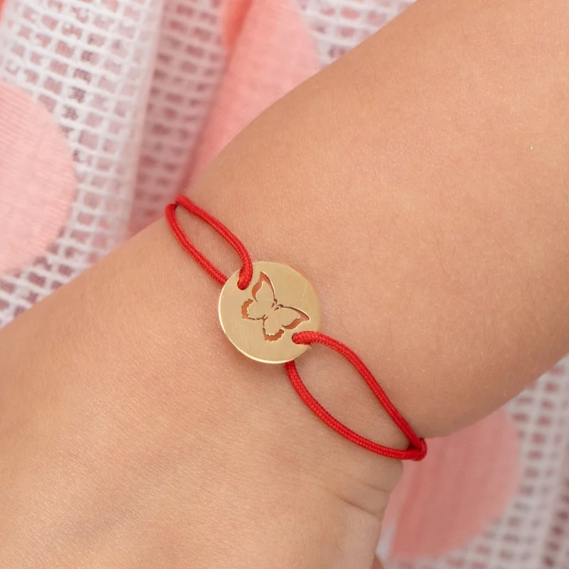Bratara personalizata cu nume - Fluture decupat - Aur Galben 14K - Banut 12 mm diametru - snur reglabil picture - 2
