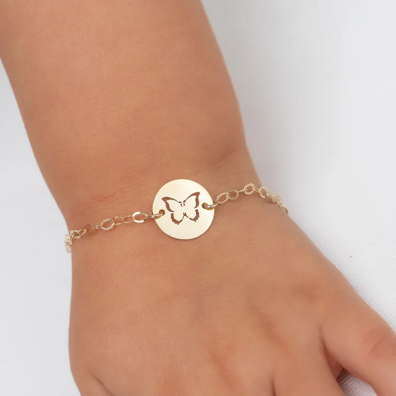 Bratara personalizata cu nume - Fluture decupat - Aur Galben 14K - Banut 12 mm diametru - Cu lantisor fata/baiat picture - 2