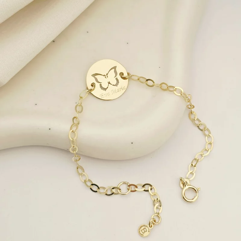Bratara personalizata cu nume - Fluture decupat - Aur Galben 14K - Banut 12 mm diametru - Cu lantisor fata/baiat picture - 3