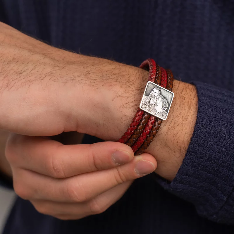 Bratara personalizata cu poza - Amintire pretioasa - Model fotogravura relief - Argint 925 - Piele impletita barbateasca - Inchizatoare Inox picture - 2