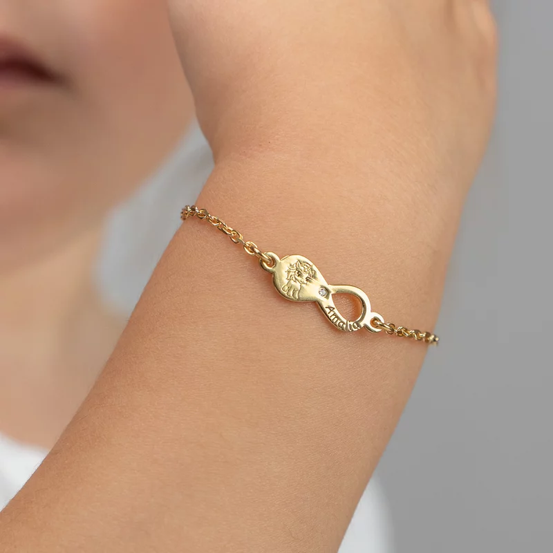 Brățară personalizata cu simbolul infinitului, unicorn și nume – Diamant natural - Argint 925 placat cu Aur Galben 18K  Cu lantisor fata/baiat picture - 2