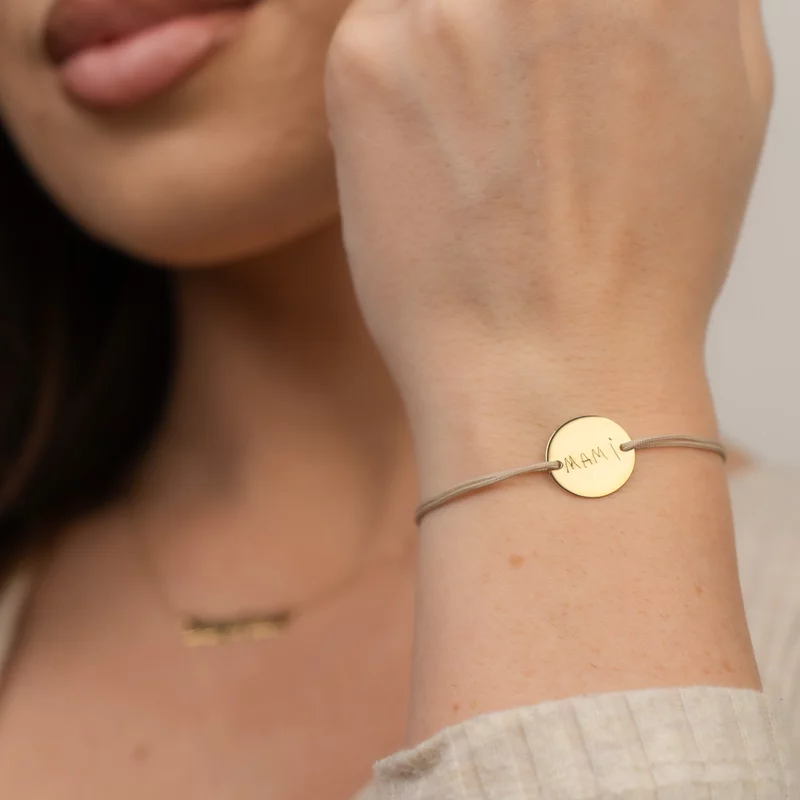 Bratara personalizata - Gravura scrisului de mana - banut de 15 mm - Argint 925 placat cu Aur Galben 18K - snur reglabil picture - 2