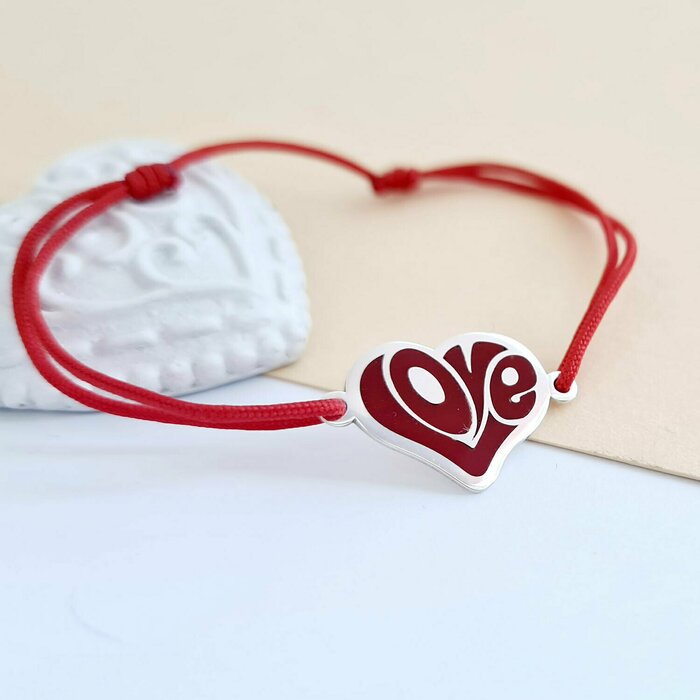 Bratara personalizata – Inima LOVE decorata cu email – Argint 925 – Snur reglabil, diverse culori 925