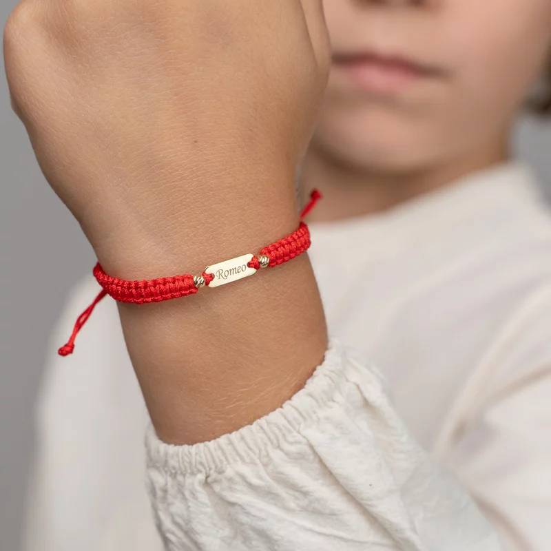 Bratara personalizata - Placuta cu nume si cu 2 bilute de 3 mm  - Aur Galben 14k - Snur reglabil impletit diverse culori picture - 2