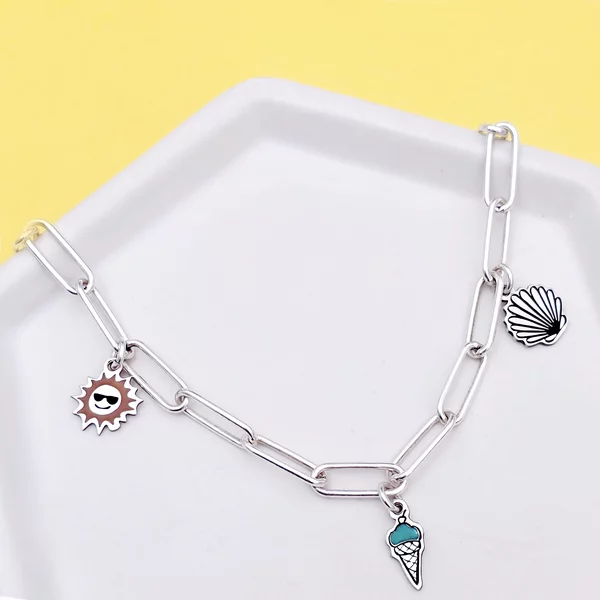 Bratara personalizata - Summer Elements - Lant cu zale dreptunghiulare - Pandantive diverse simboluri - Argint 925