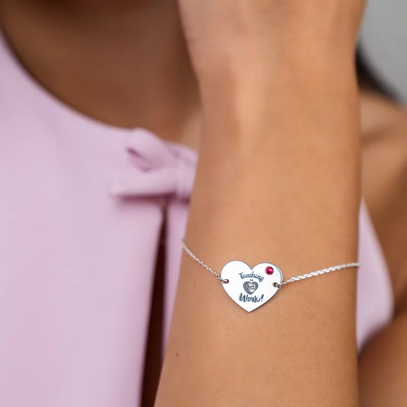 Bratara personalizata Argint 925 - cu lantisor si Cristal Swarovski - Teaching is heart work - Inimioara picture - 2