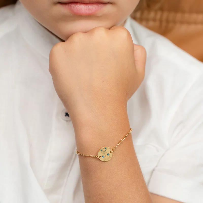 Bratara personalizata - Ursulet cu email albastru  - 12 mm - Argint 925 placat cu Aur Galben 18K - Cu lantisor fata/baiat picture - 2