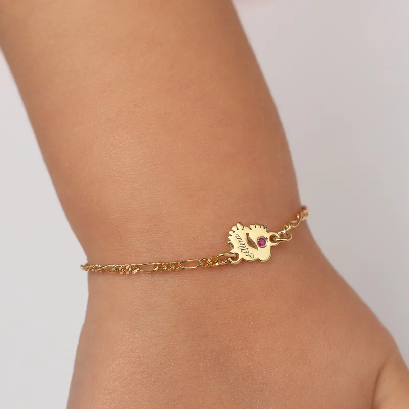 Bratara picioruse - personalizate cu nume si Piatra pretioasa - Argint 925 placat cu Aur Galben 18K - Cu lantisor fata/baiat picture - 2